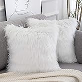 WLNUI Set of 2 White Decorative Fluffy Pillow Covers New Luxury Series Merino Style Faux Fur Throw Pillow Covers Square Fuzzy Cushion Case Spring Easter Home Decor 18x18 Inch