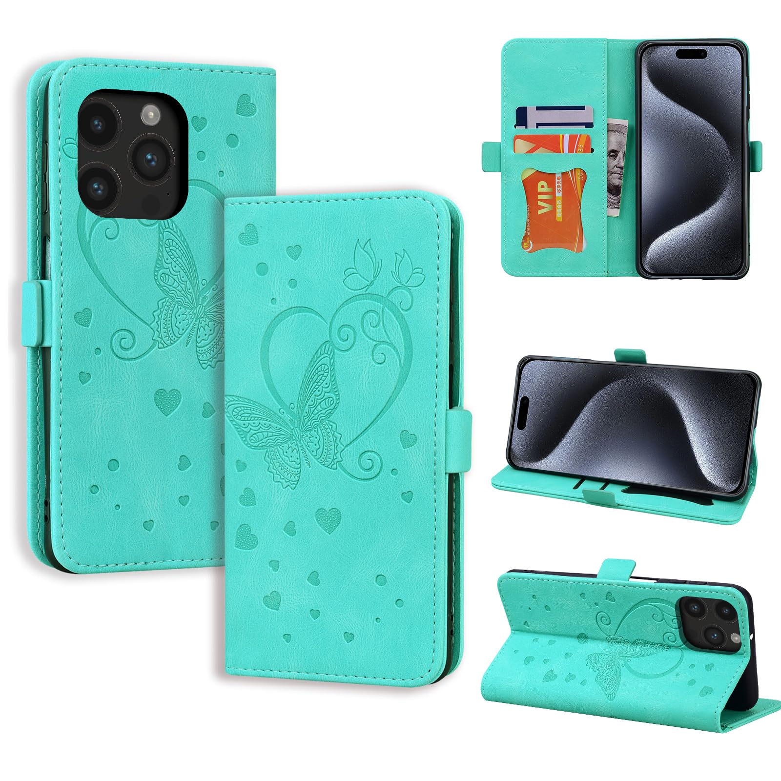 CASAFUNY Mobile Phone Case for iPhone 15 Pro, PU Leather Case Cover with Card Slot, Flip Case, Magnetic Flip Case, Protective Case for iPhone 15 Pro 6.1 Inch 2023, Green