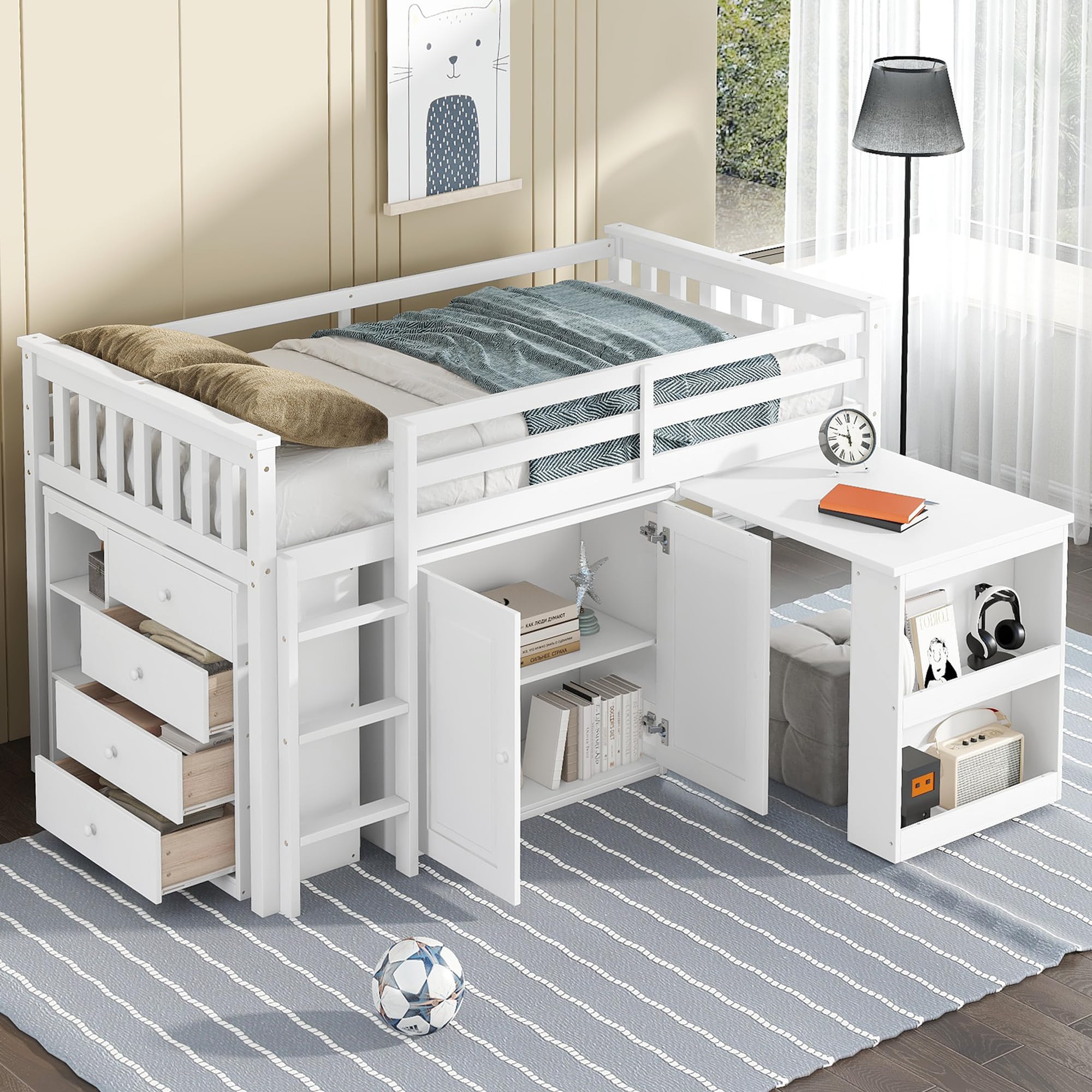 Photo 1 of ****PARTS ONLY****
Ball & Cast Twin Loft Bed with Storage Cabinet and Drawer,Rubber Wood Bed Frame w/Safety Guardrail & Ladder,Space-Saving Furniture for Girls Boys Student Dorms,White