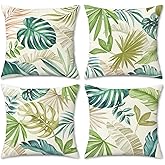 COZZSNUGE Tropical Leaves Throw Pillow Covers, Green Yellow Palm Leaf Monstera Outdoor Plant Polyester Decorative Pillowcases for Sofa Bed Home Patio Set of 4, 18 x 18 Inches