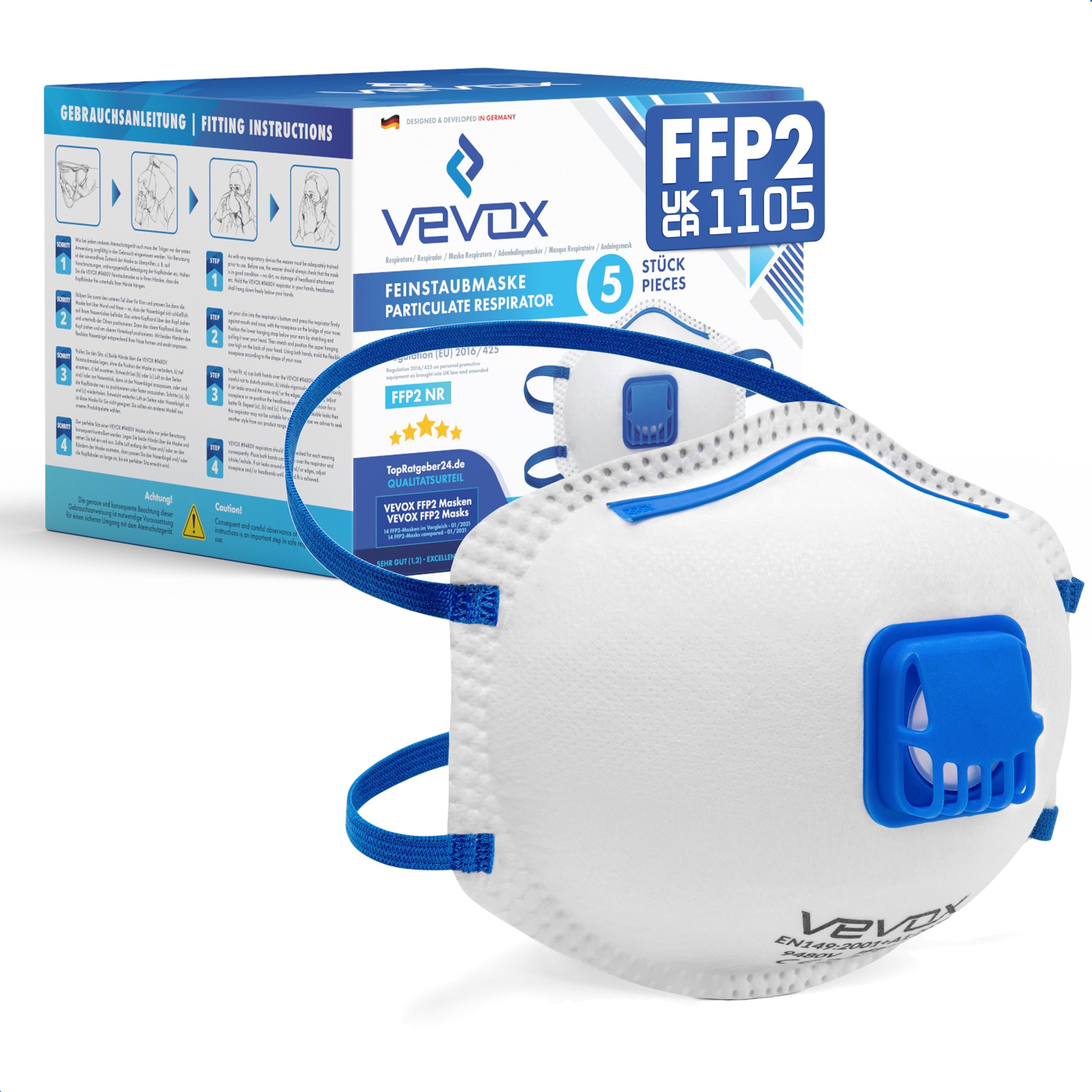 VEVOX® FFP2 Dust Mask - Set of 5 - Valved Face Masks - Respirator - Protection e.g. for Construction, Building Work, Sanding, Woodworking, Fine Dusts, Aersoles or Particles