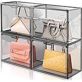 ULENDIS 4 Packs Plastic Purse Storage Organizer for Closet, Clear Display Case for Purse and Handbag, Stackable Storage Boxes Organizer with Magnetic Door for Wallet Book Cosmetic Toys Display