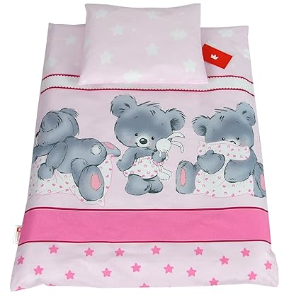 BABYLUX 2 tlg. Set Bezug für Kinderwagen Stubenwagen oder Wiege Garnitur Bettwäsche Kissen Decke 60 x 78 cm (78. Bäre Rosa)