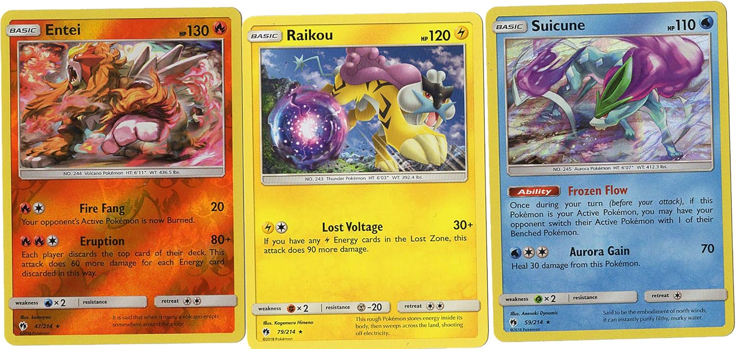Amazon Com Pokemon Legendary Set Suicune Entei Raikou Sun Moon Lost Thunder 3 Card Lot Toys Games