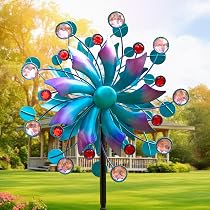 360°Solar Wind Spinner with Lights Blue Metal Garden Outdoor Decor