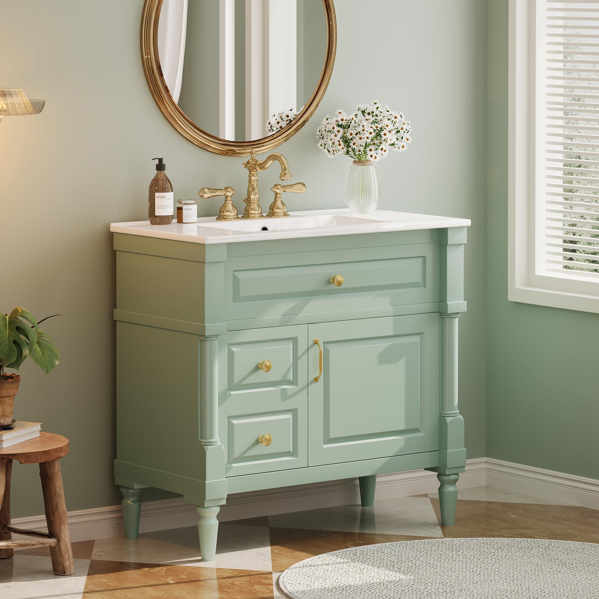 Photo 1 of 36 Inch Bathroom Vanity with Ceramic Sink Top, Cabinet with Tip-Out Drawer and Door Storage, Solid Wood Roman Legs, Adjustable Shelf, Green