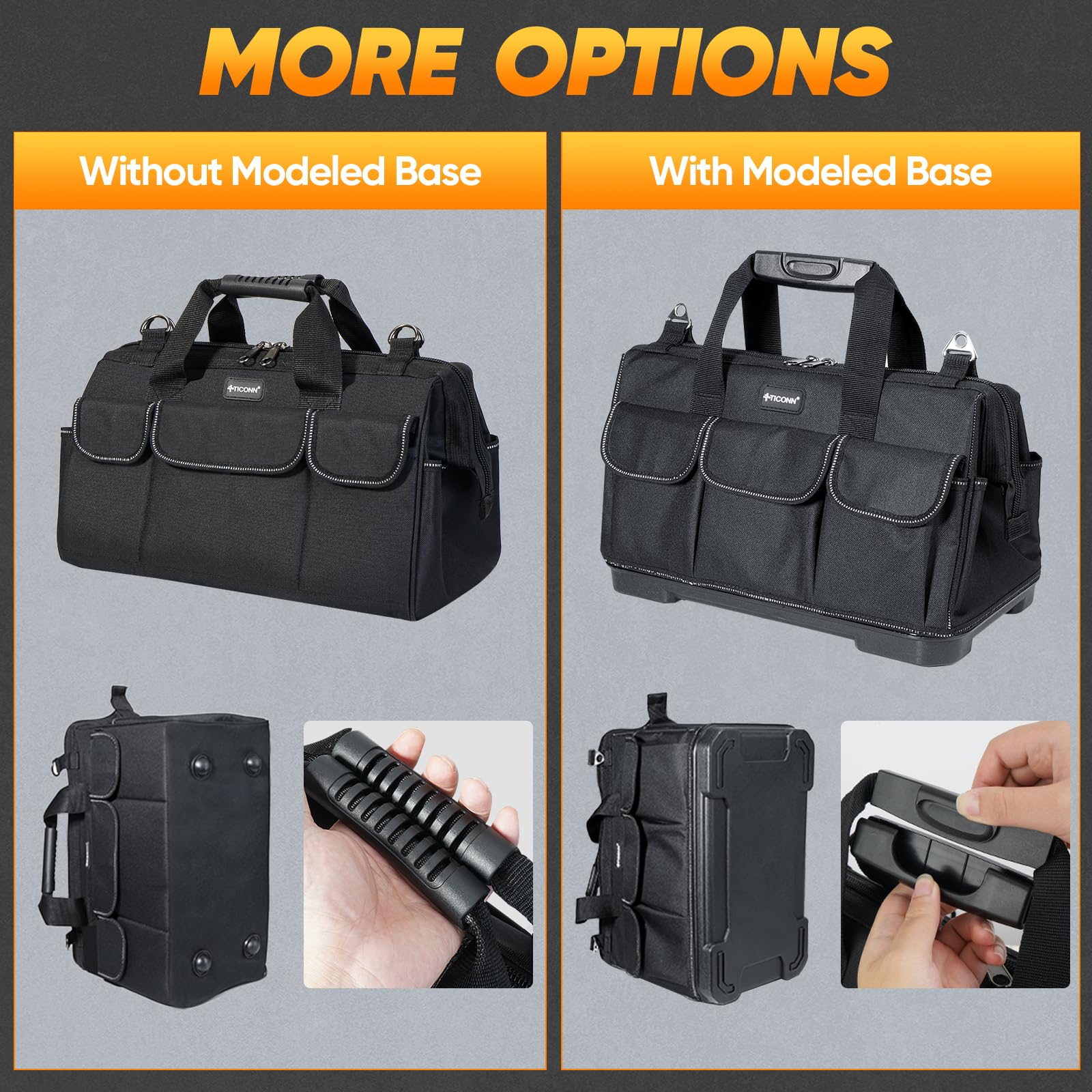 TICONN Heavy Duty Tool Bag with Multi-Pockets, Portable Tool Box Organizer Storage Bag, with Adjustable Shoulder Strap and Ergonomic Handle (Black, 16