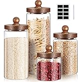Gerrii Glass Storage Jars Set of 4, Clear Food Storage Containers with Wooden Lids Airtight Kitchen Canisters with Sticker and Chalk for Candy Cookie Rice Sugar Flour Pasta Nuts Beans Spice, 4 Sizes