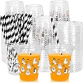 Whaline 50Pcs Halloween Disposable Plastic Cups with Lids and Straws Spooky Reading Book Ghost Theme Cold Beverage Drinking Cups for Trick or Treat Birthday Party Supplies