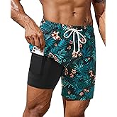 Gleeease 7inch Mens Swim Trunks: with Compression Liner Zipper Pocket Drawstring Quick Dry Stretch Lined Palm Tree Beach Pool