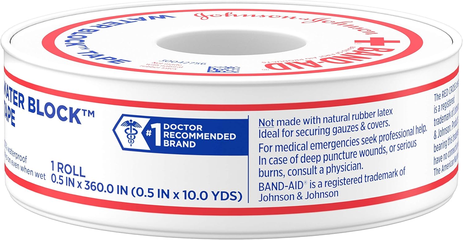 Band-Aid Brand First Aid Water Block 100% Waterproof Self-Adhesive Tape Roll for Durable Wound Care to Firmly Secure Bandages, 1/2 In by 10 yd: Health & Personal Care