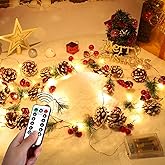 Christmas Garland with String Lights 10 Ft 30 LED Pine Cone Red Berry Bells Garland Lights, Indoor Christmas Decorations for Home and Fireplace Mantel Decor (Yellow)