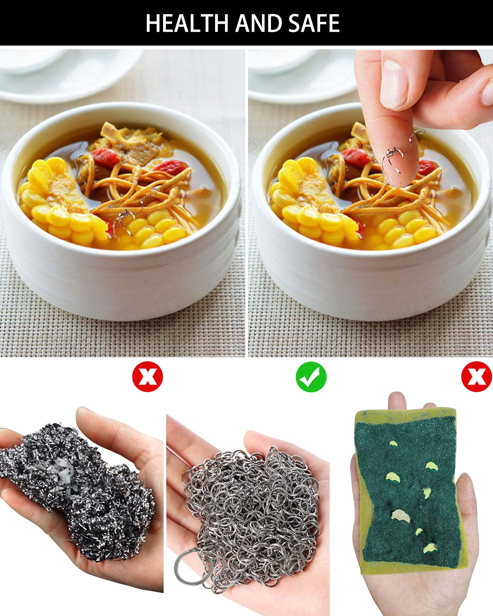 ONEEKK Cast Iron Skillet Cleaner Chainmail,2 Pack Premium Stainless Steel Chain Maille Scrubber for Cast Iron Pans,Stainless Steel,Glassware(7IN &5IN Round)