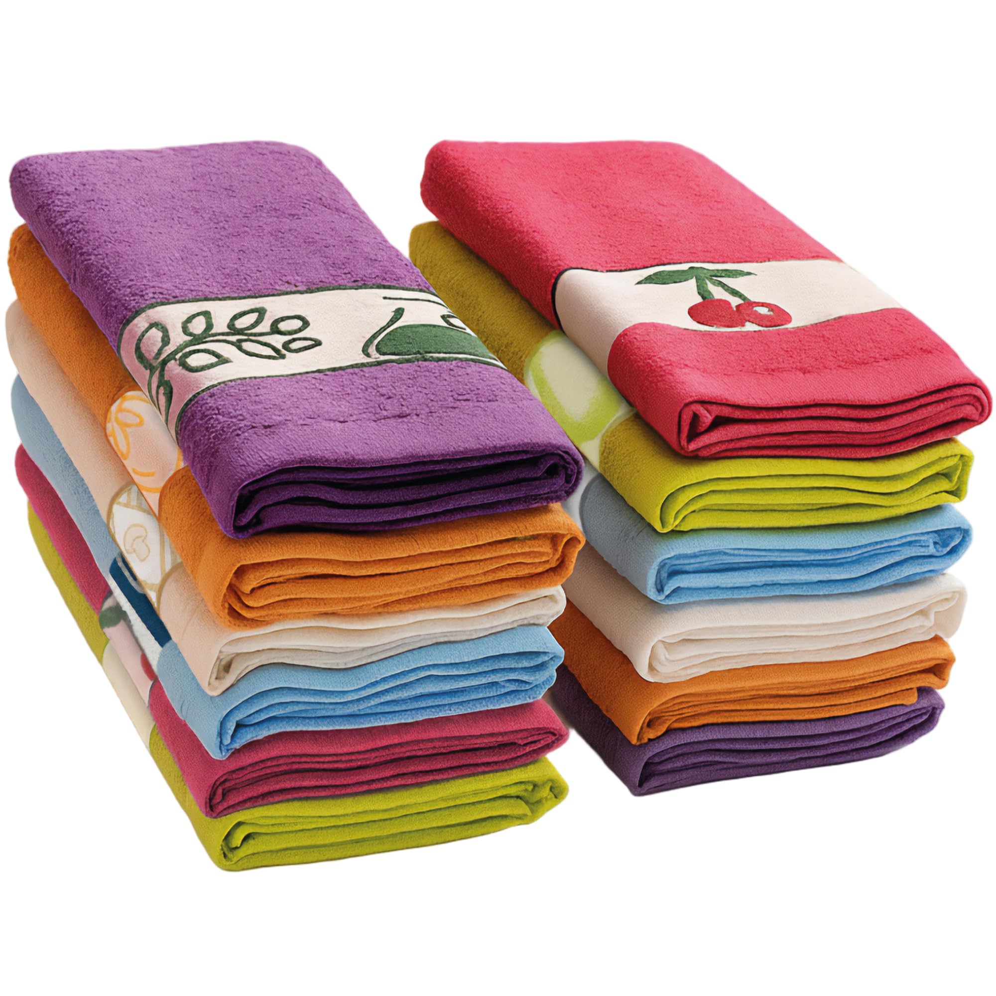 briebe Home 12 Terry Kitchen Cloths 100% Cotton, 50 x 45 cm, Made in Portugal, Multi-Coloured with Embroidered Design, Set of Soft Towels