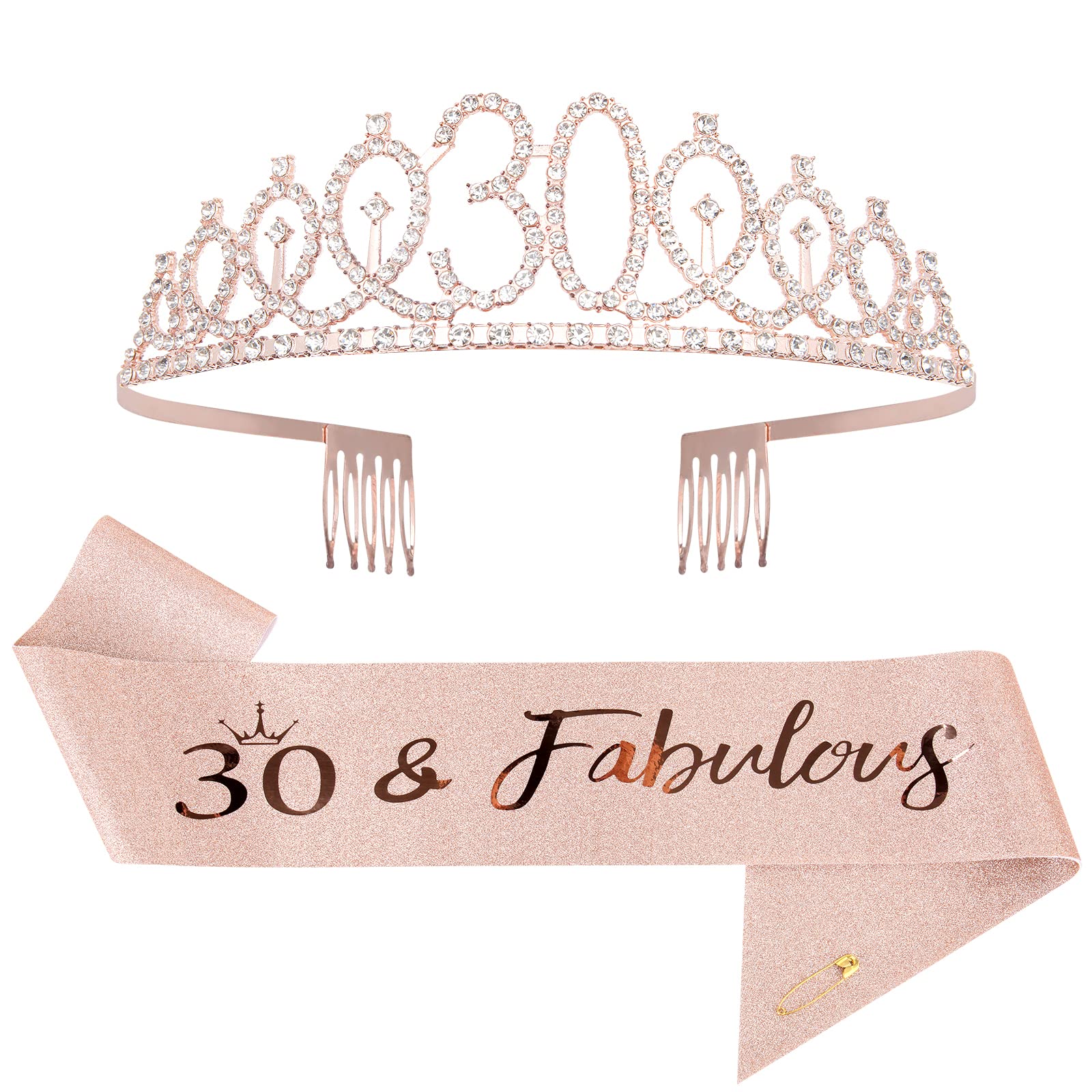 Mikccer Rose Gold 30th Birthday Sash and 30 Birthday Tiara, Rhinestone Crown Headband for 30th Birthday Gifts, 30th Birthday Decoration Party Accessories for Women (De-07)