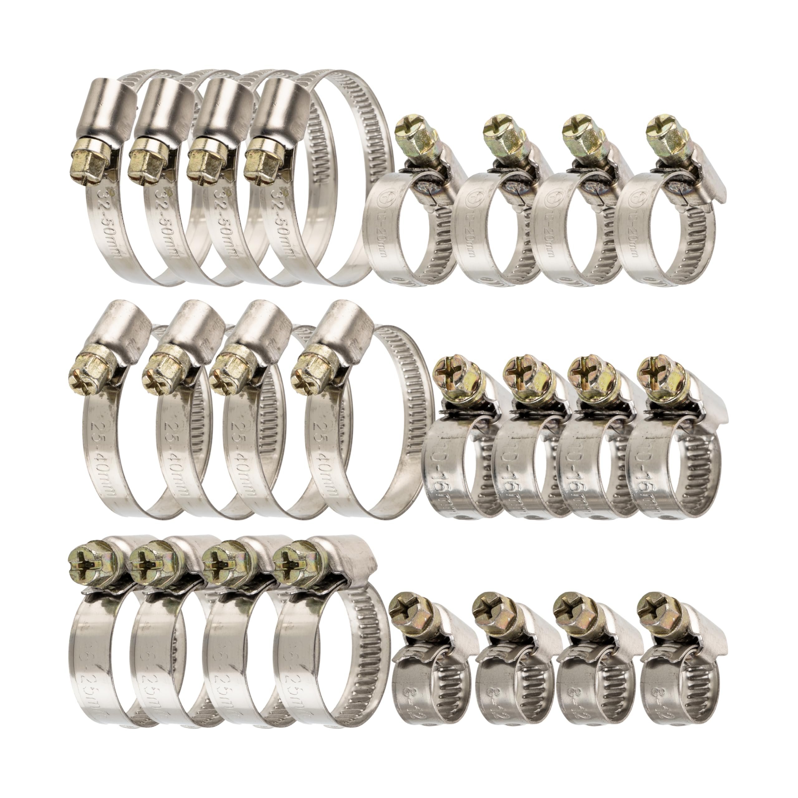 Hose Clamps with Worm Drive Set, 24 Pieces, Clamping Range Ø 8-50 mm, 4 x Clamps Each with Ø 8-12, 10-16, 12-20, 16-25, 25-40, 32-50 mm, W2 Stainless Steel, clamp with Cross Recess SW 7