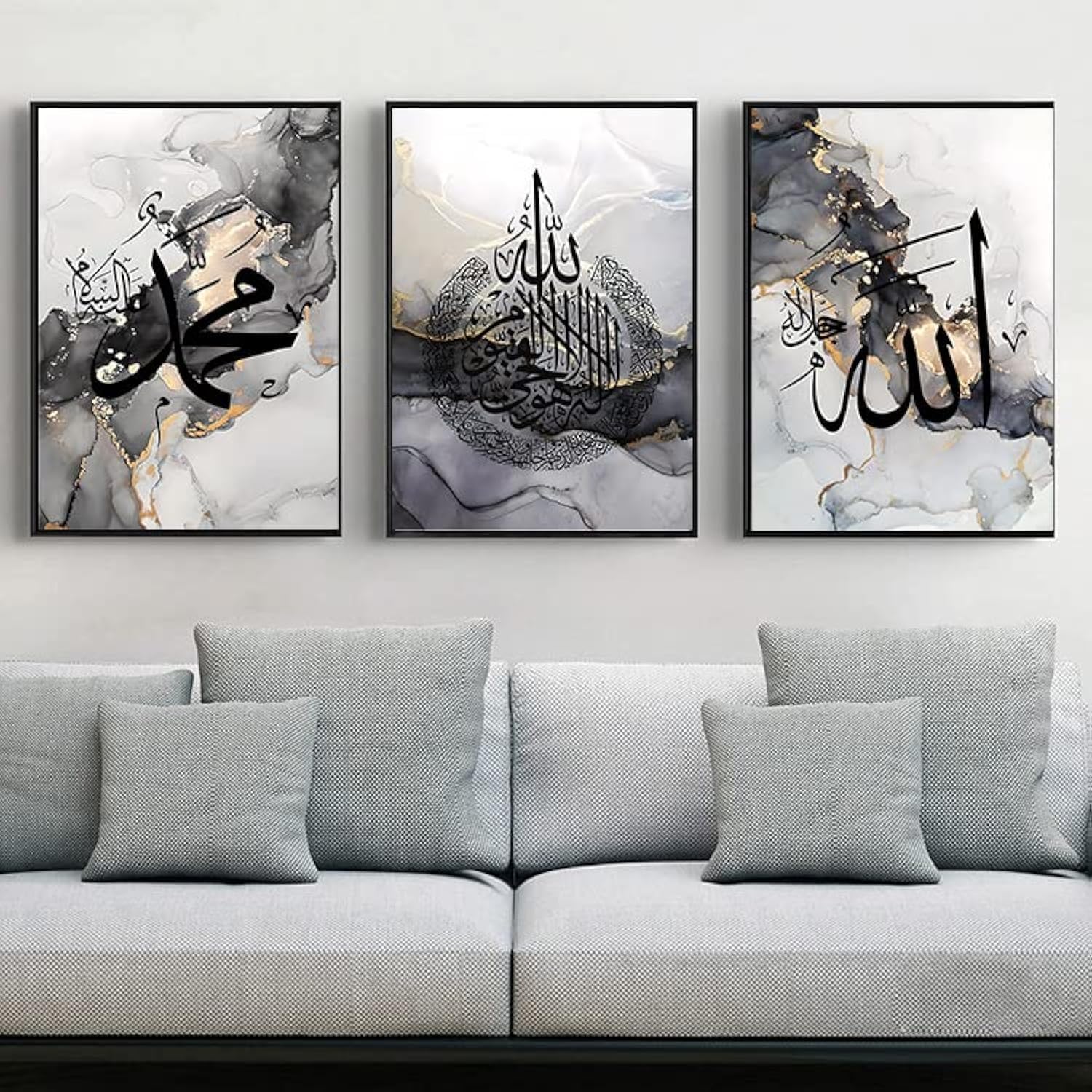 LYBOHO Islamic Arabic Calligraphy Canvas Painting, Silver Marble Background Allah Islamic Quotes Poster Canvas Painting Pictures Decoration, No Frame (Islam - Black, 3PCS-60x90cm)