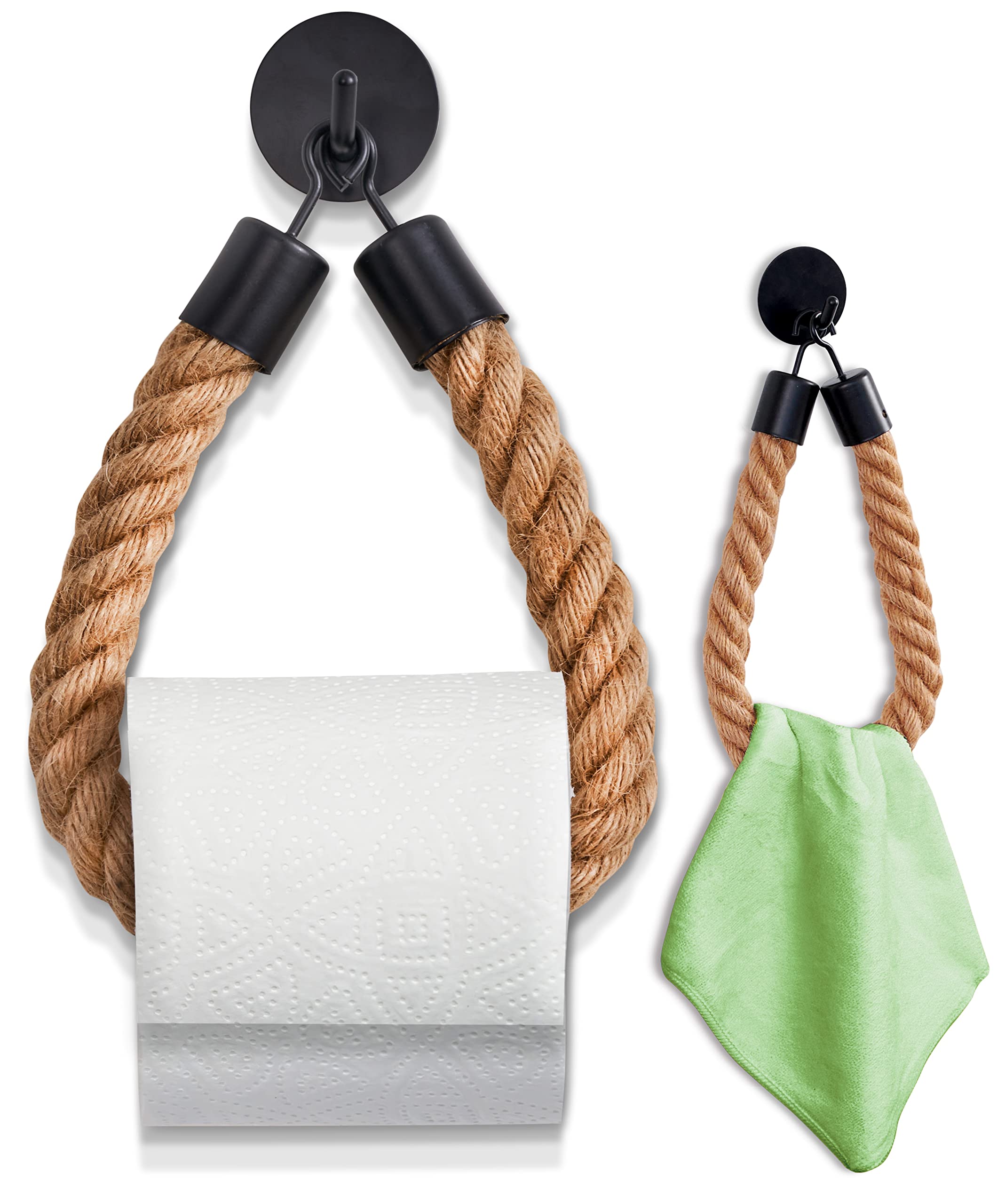 HENNEZ Toilet Roll Holder Wall Mounted - Natural Handmade No Drill Self Adhesive Toilet Roll Holder with rope - Wooden Toilet Roll Holders - Towel Holder Wooden Bathroom Accessories - Loo Roll Holder