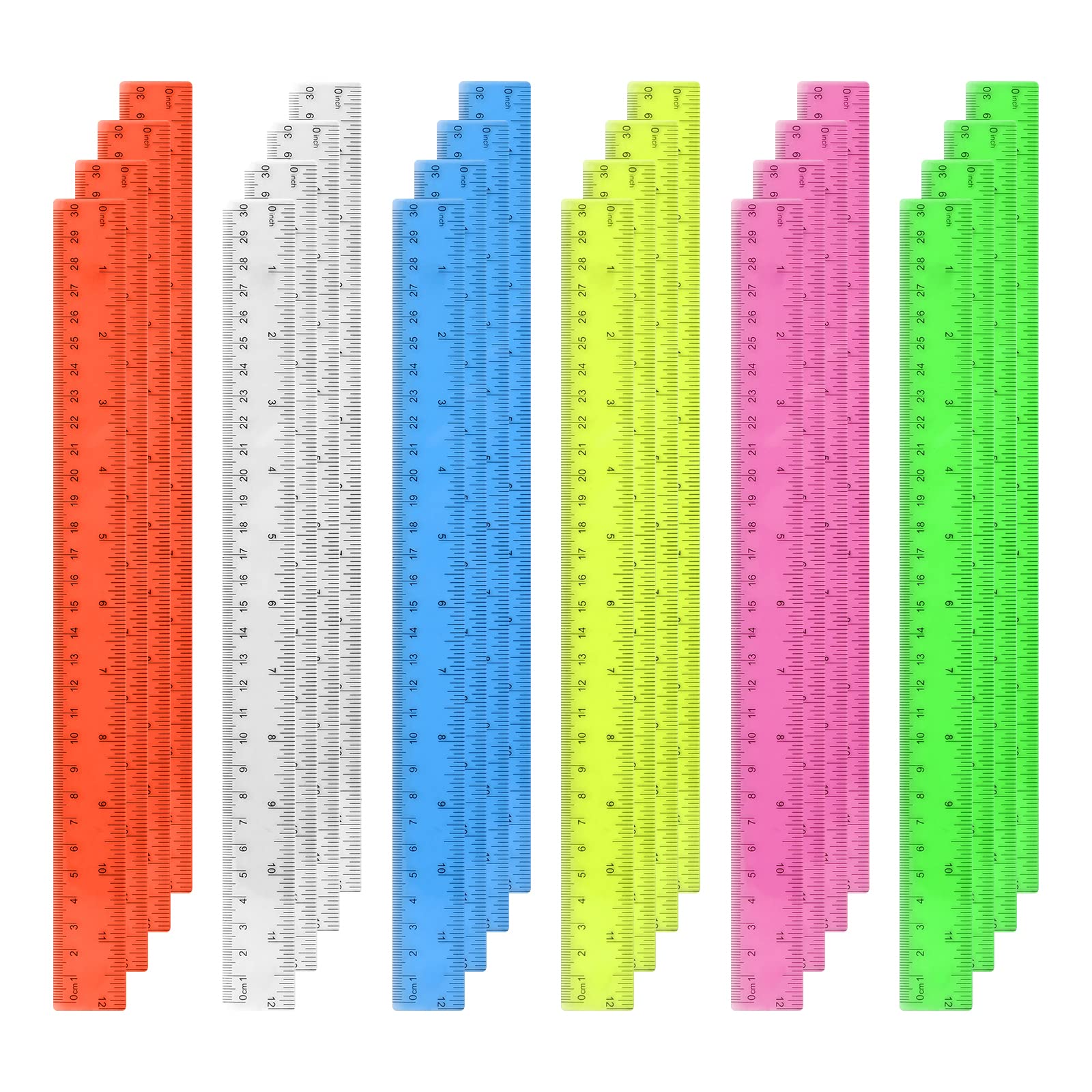 24 Pack 30cm Plastic Rulers 12 Inches Colourful Transparent Rulers with Inch and Metric for Kids School Students Classroom Office