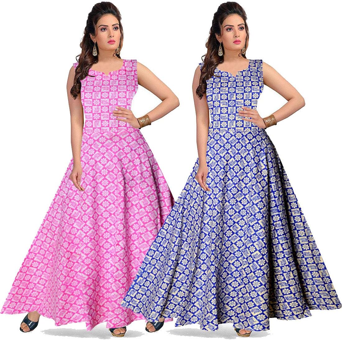 Women's Cotton Jaipuri Printed Maxi Long Dress (Multicolour, Free Size) -Combo of 2 Pieces