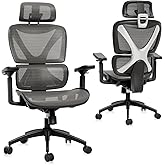 GABRYLLY Ergonomic Office Chair, Big and Tall Mesh Chair with Lumbar Support, 3D armrest - 215° Rotation, Adjustable Headrest & Soft Seat, Durable Desk Chair 350LBS for Work Gaming Computer,Grey