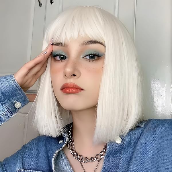 Amazon.com : Creamily 14 Inch Short Blonde Straight Bob Wigs  display picture 3