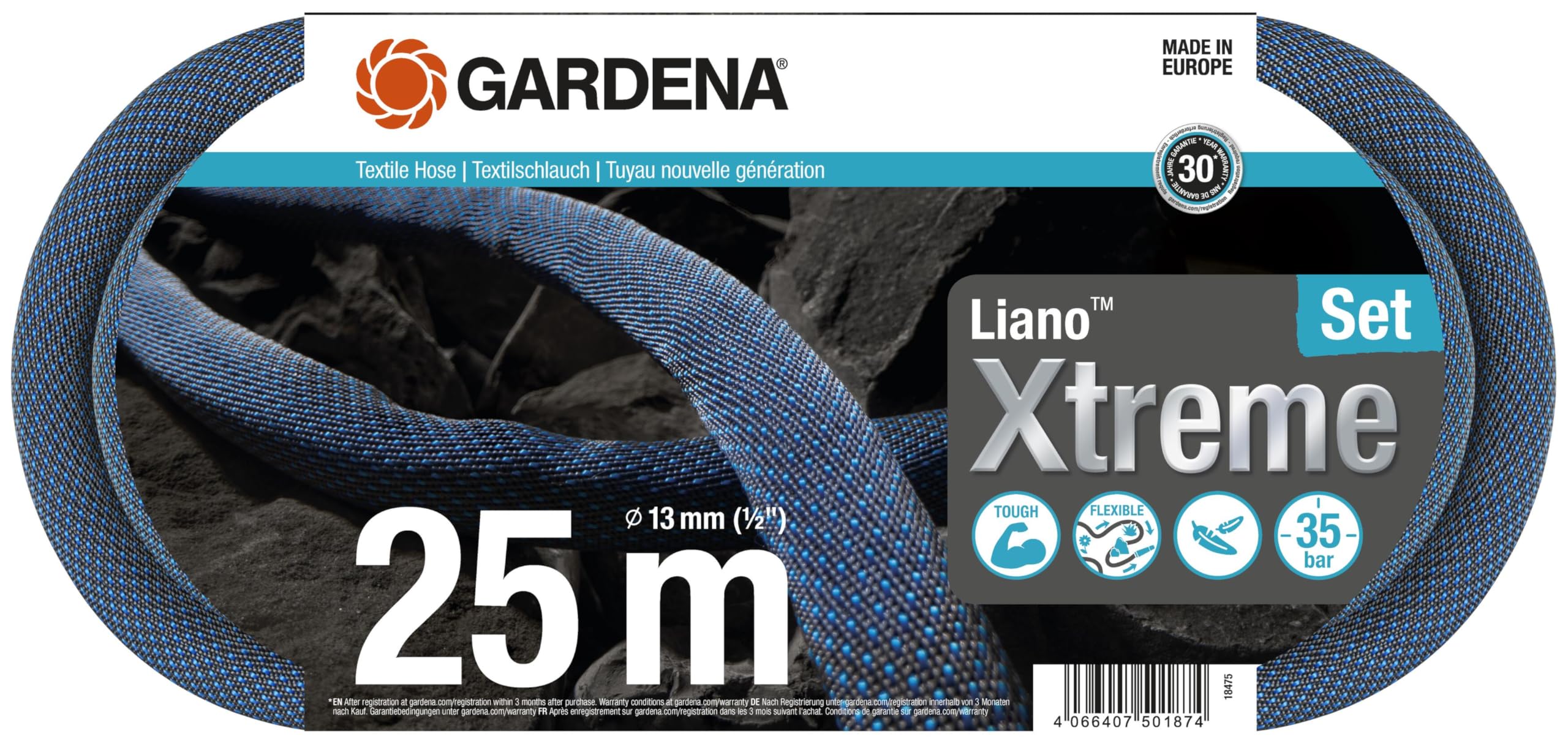 Gardena Liano Xtreme 1/2 inch, 25m set: Extremely robust textile garden hose, for indoor water taps, with PVC inner tube, lightweight, weather-resistant (18475-20)