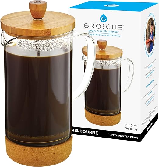 GROSCHE Melbourne French Press Coffee Maker with Bamboo & Cork 34oz 1000ml, unique French Press with attractive design for coffee & tea