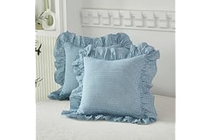 Lemfux Blue Euro Pillow Shams Ruffle Checked Gingham Pillowcases Shabby Chic Pillow Cases Cotton Pillow Cover Standard Size 20 * 26 Coquette Pillow Covers Set of 2