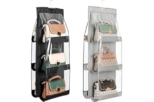 ZB.soar Hanging Handbag Purse Organizer, 2 Pcs * 6 Pockets, Upgrade Dust Proof Purse Organizer Closet, Wardrobe Closet Storage, Washable Handbag Purse Organizer(Black&Gray)