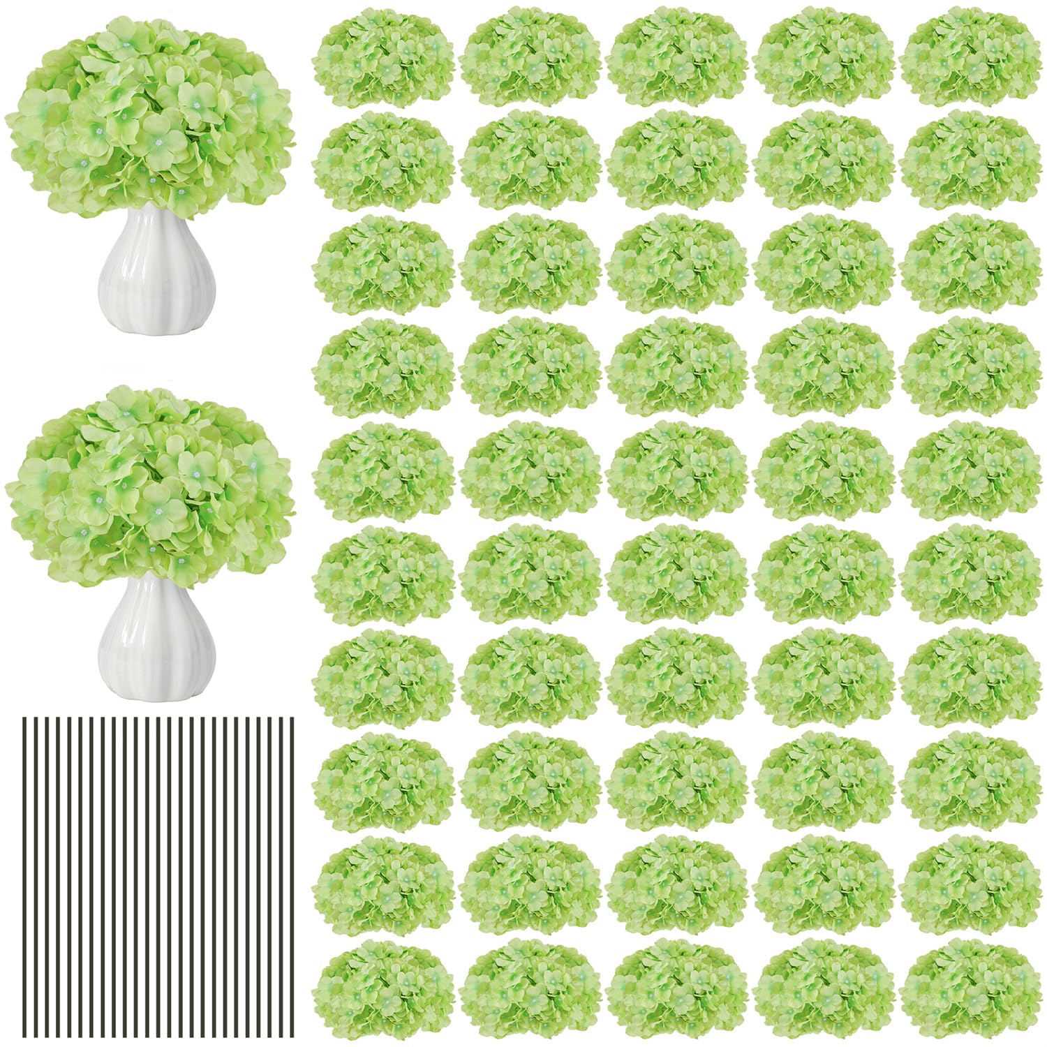 Photo 1 of 65PCS Light Green Artificial Hydrangea Flowers Bulk with Stems, Silk Faux Hydrangea Heads for Boho Spring Decor