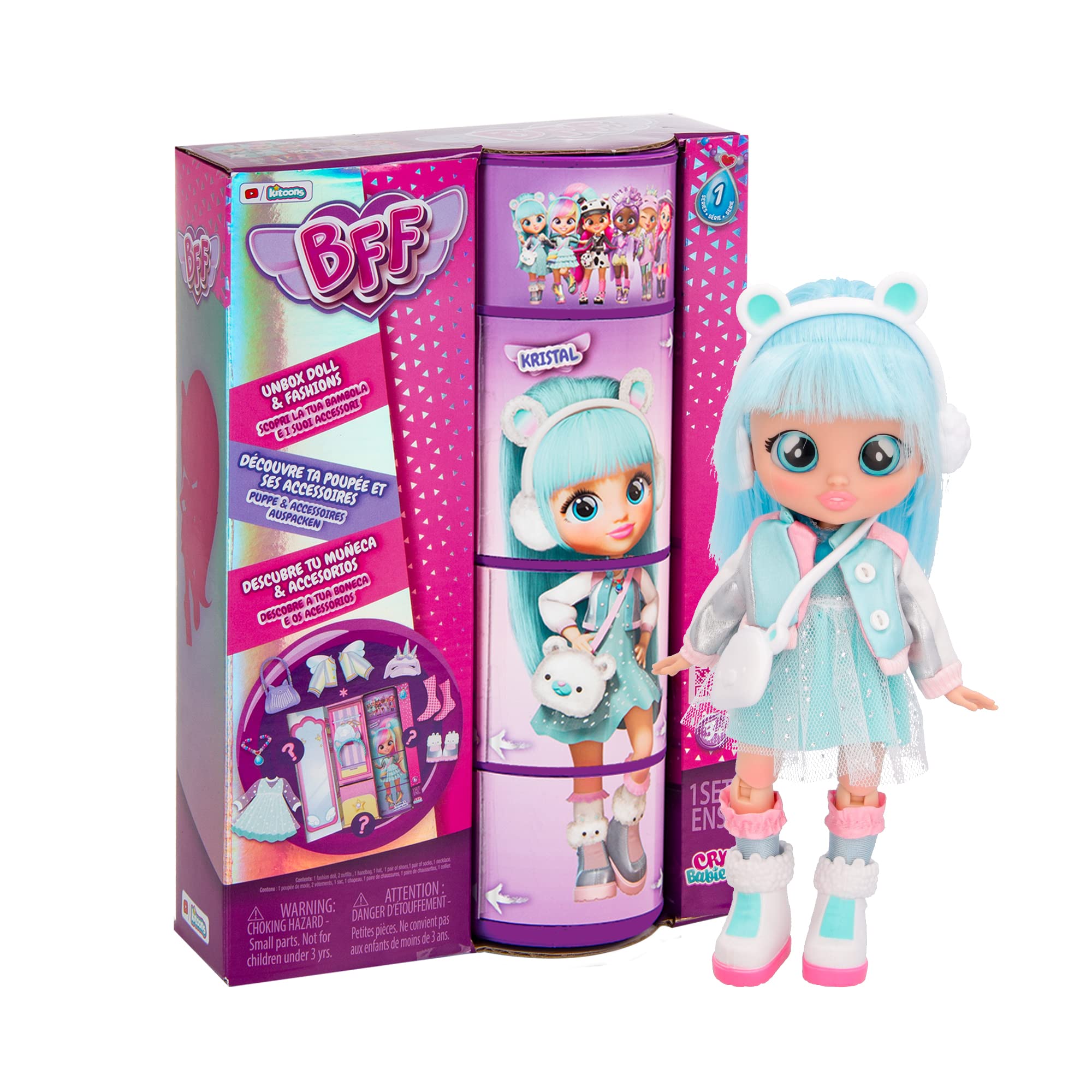 BFF By Cry Babies Kristal | Collectible Fashion Doll with Long Hair, fabric Clothes and 9 Accessories - Gift Toy for Girls and Boys +5 Years