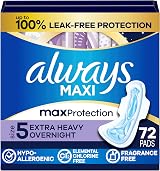 Always Maxi Overnight Pads with Wings Size 5 Unscented 72 Count