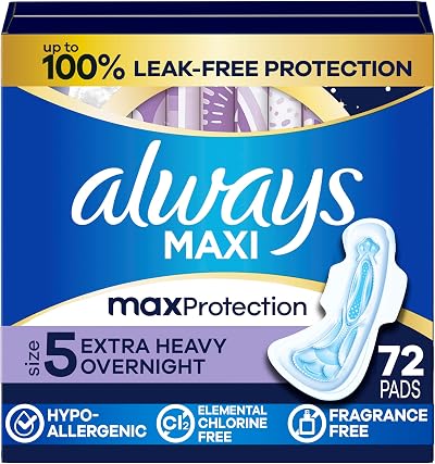 Always Maxi Overnight Pads with Wings Size 5 Unscented 72 Count