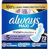 Always Maxi Overnight Pads with Wings, Size 5, Extra Heavy Overnight, Unscented, 72 Count