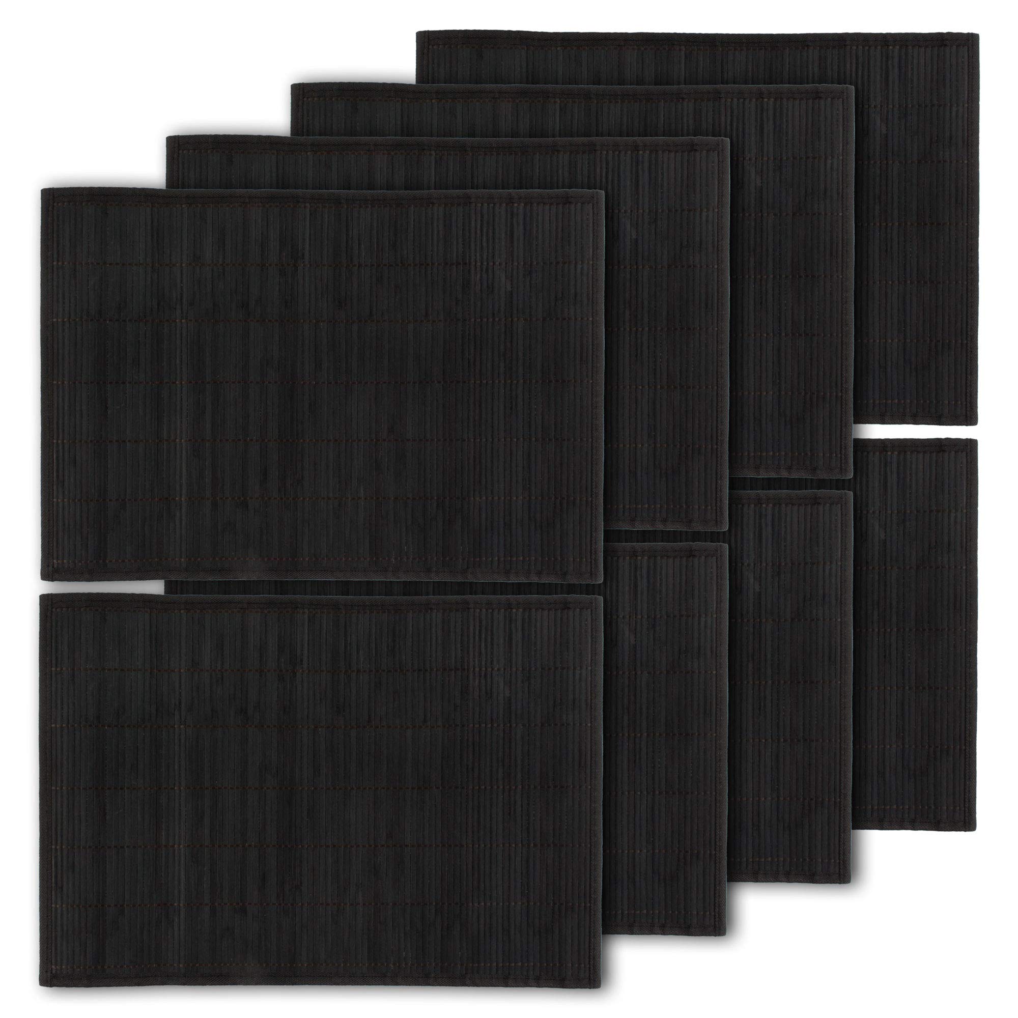 BambooMN Bamboo Slats Placemat with Fabric Border - Solid Colour Print - 18" x 13" - Black, 8 pcs — image 1