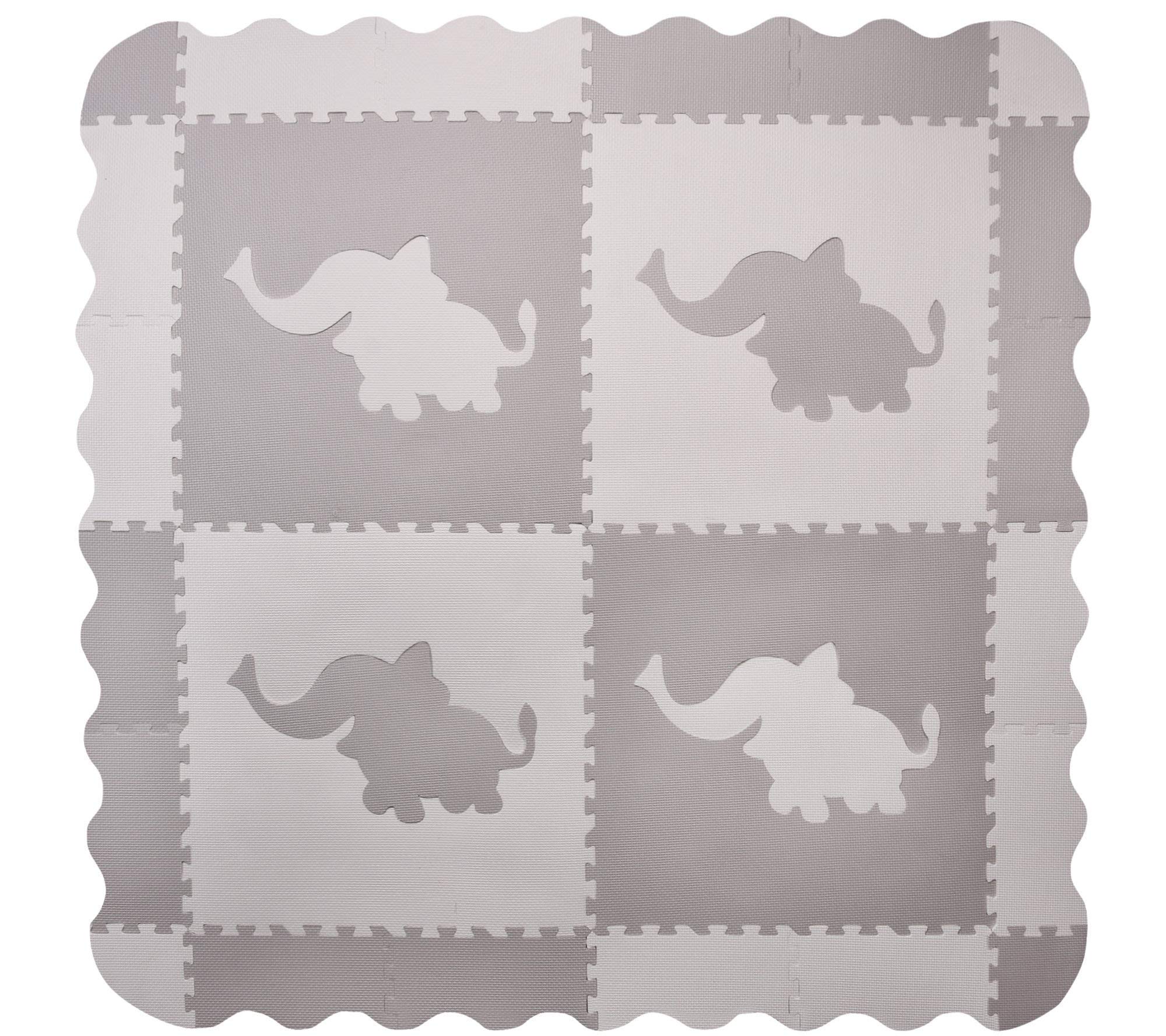 4 Large Grey Interlocking Foam Baby Play Mat with Elephants Tiles - Play Mats with Edges. Each tile 57 x 57cms. Total 1.4m2.