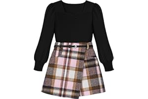 Doumlop Girls Skirt Set 3 Piece Outfits Long Sleeve Tops and Plaid Mini Skirt Shorts with Belt Fall Winter Clothes