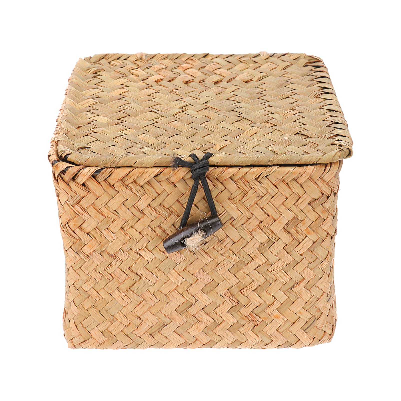 Ciieeo Small Square Straw Plaited Storage Box with Lid 5.51X5.51X7.87In Tea Organizer Holder for Home Desktop Decorative Storage Solution