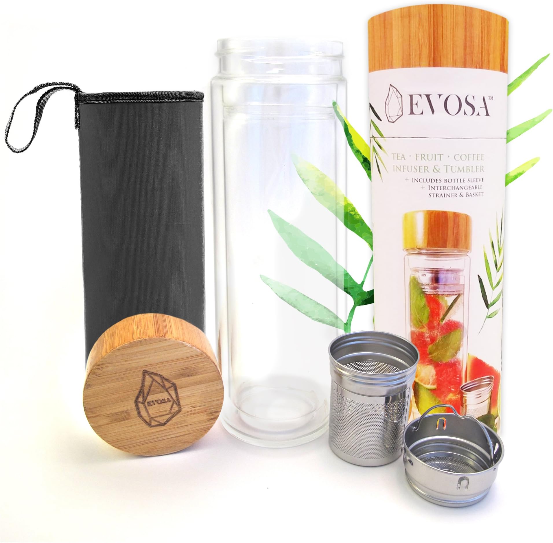 Evosa Hydrate Tea Tumbler, Fruit Infuser, & Coffee Maker with Dual Glass, Stainless Steel Filter/strainer, & Bamboo Lid - Sleeve Included