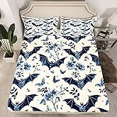 Feelyou Bats Halloween Bed Sheets Floral Bat Queen Size Bedding Set Decoration for Kids Boys Girls Cartoon Gothic Spooky Fitted Sheet Halloween Sheets Set,No Top Sheet