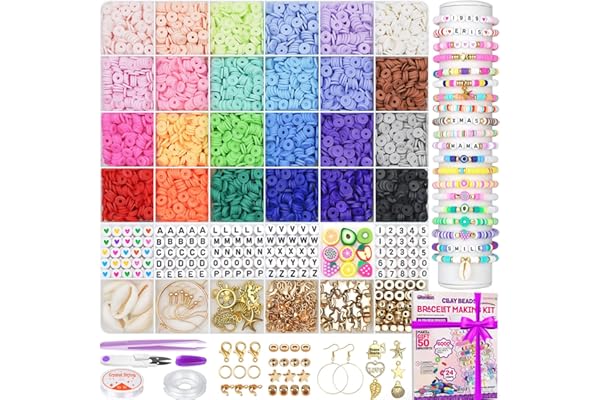 Gionlion 6000 Clay Beads Bracelet Making Kit, 24 Colors Flat Preppy Beads for Friendship Bracelets, Polymer Clay Beads with Charms for Jewelry Making, Crafts Gifts for Girls Ages 6-12