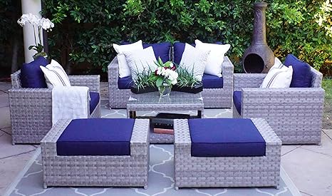 Sunhaven 7 Piece Outdoor Furniture Set For Patio Deck Garden And Outdoor Dining Features Thick Cushions Gray Wicker Rattan And Weather Resistance 7 Piece Loveseat Set Amazon In Garden Outdoors