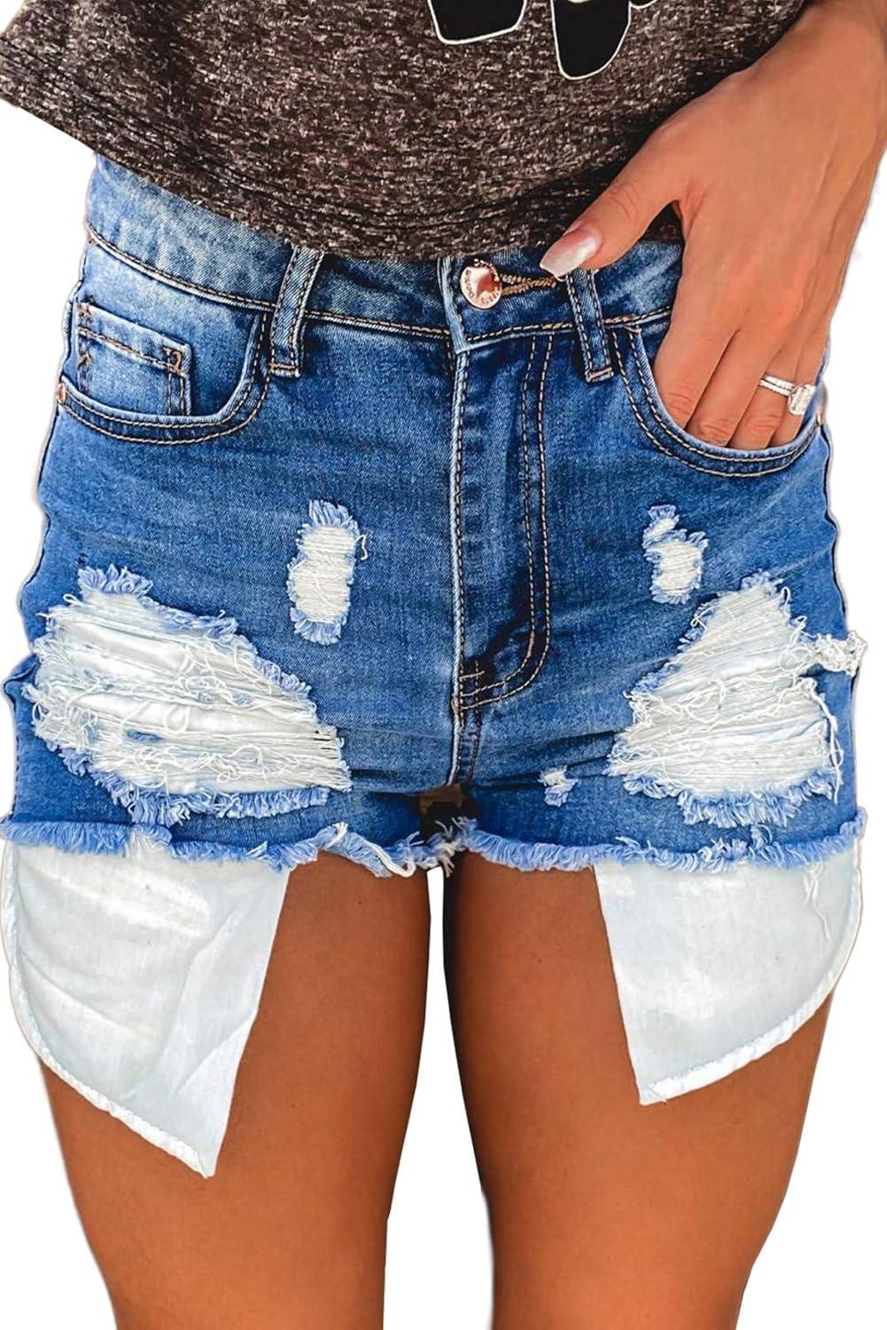 CORAFRITZ Women's Ripped Frayed Raw Hem Pockets Denim Shorts High Waist