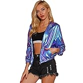 Allegra K Women's Holographic Party Shimmering Shiny Lightweight Zipper Hooded Metallic Jacket
