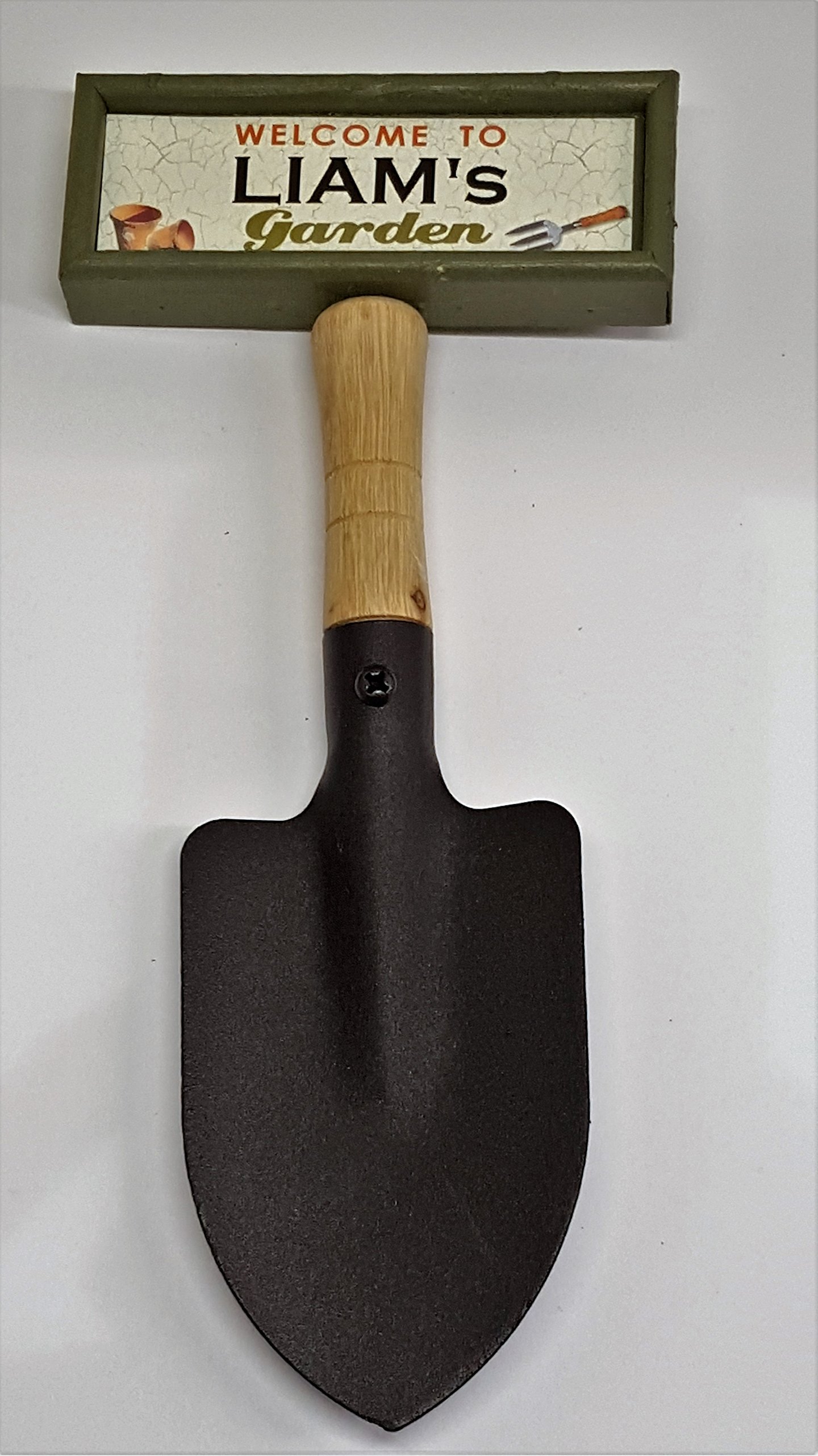 "Welcome to Liam's garden" hanging shovel sign