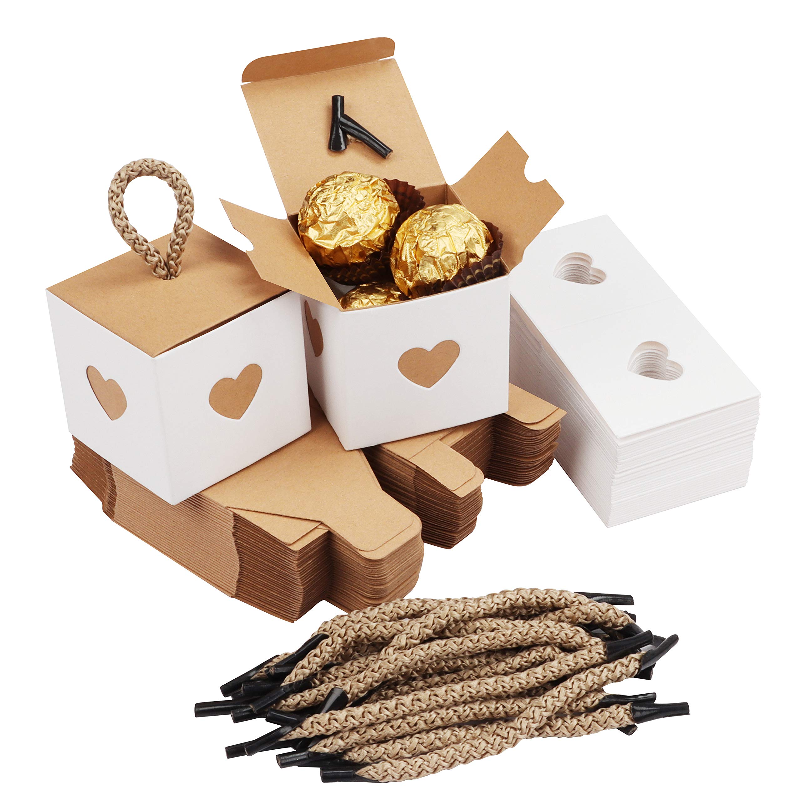 Belle Vous 50 Pack Small White & Brown Heart Gift Boxes - 5.5 x 5.5 x 5.5cm/2.17 x 2.17 x 2.17 inches - Wedding Favour Paper Candy Kraft Boxes - Anniversary, Birthday Party, Bridal/Baby Shower