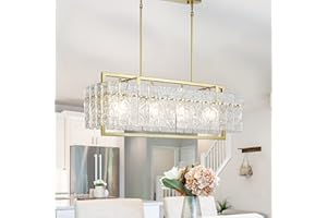 IKK Modern Gold Rectangle Chandeliers for Dining Room, Crystal Water Ripple Light Fixture, Elegant Farmhouse Linear Lighting for Kitchen Island, Bar Table, L33 x W9 x H12