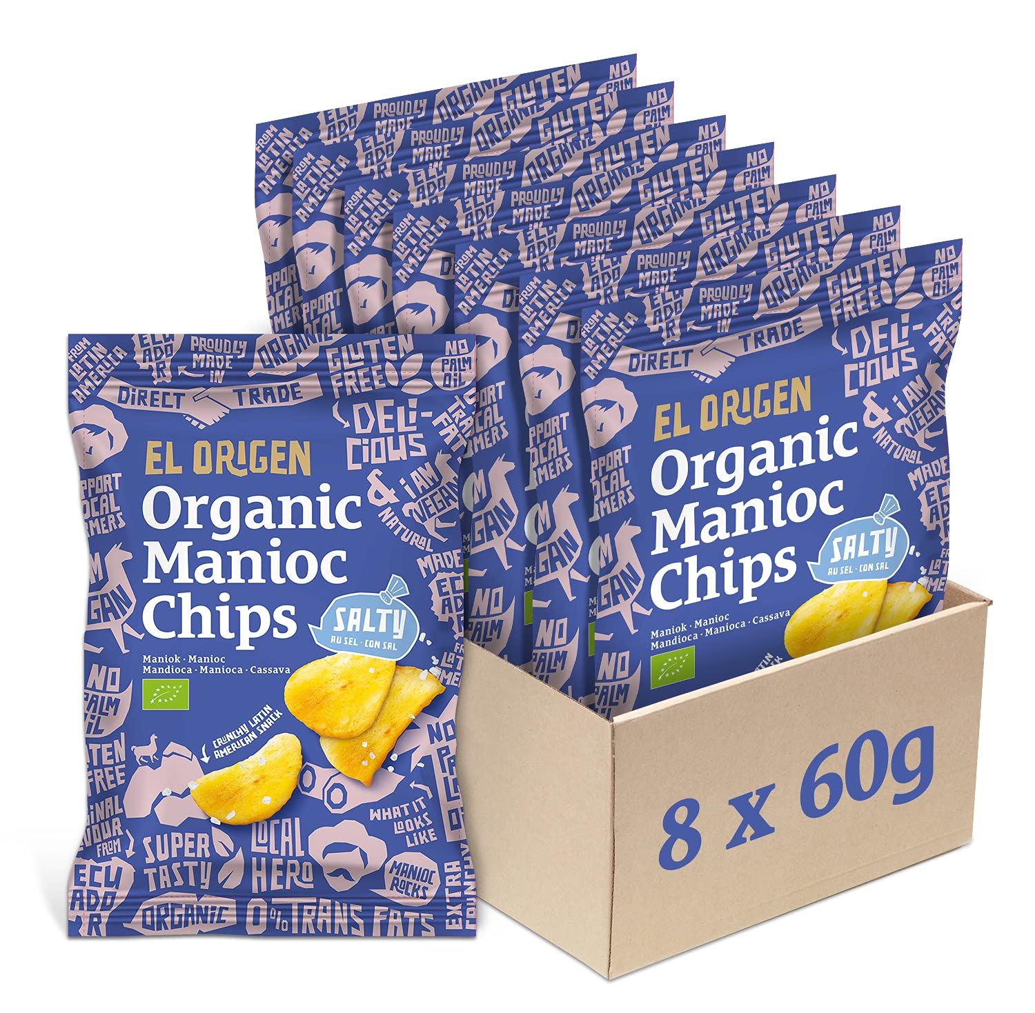 el origen Bio‑Maniok Chips mit Meersalz 8×60 g - vegan, glutenfrei, palmölfrei, direkt geerntet & produziert in Ecuador, extra crunchy, nur drei Zutaten: Maniok, Sonnenblumenöl