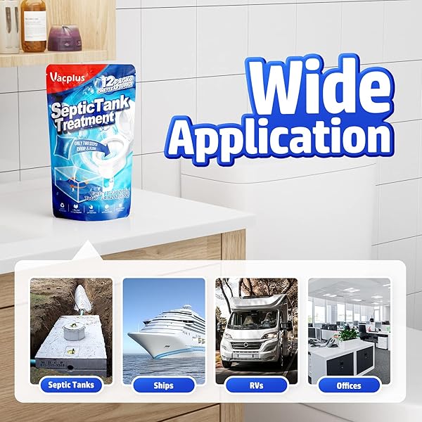 VACPLUS SEPTIC TANK TREATMENT 12 PCS FOR 1-YEAR SUPPLY, DISSOLVABLE PACKS WITH EASY OPERATION, DURABLE BIODEGRADABLE ENZYMES FOR WASTES, GREASES & ODORS, BLUE, 2X EFFICIENCY